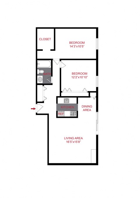 Floor plan for 2 beds, 1 bath, 930 sqft